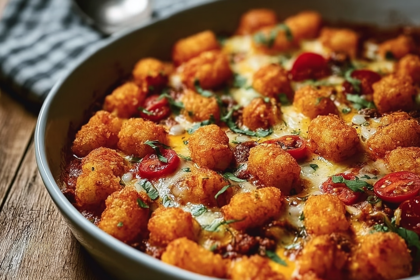 Crispy Tot Chili Casserole fresh from the oven with golden tater tots