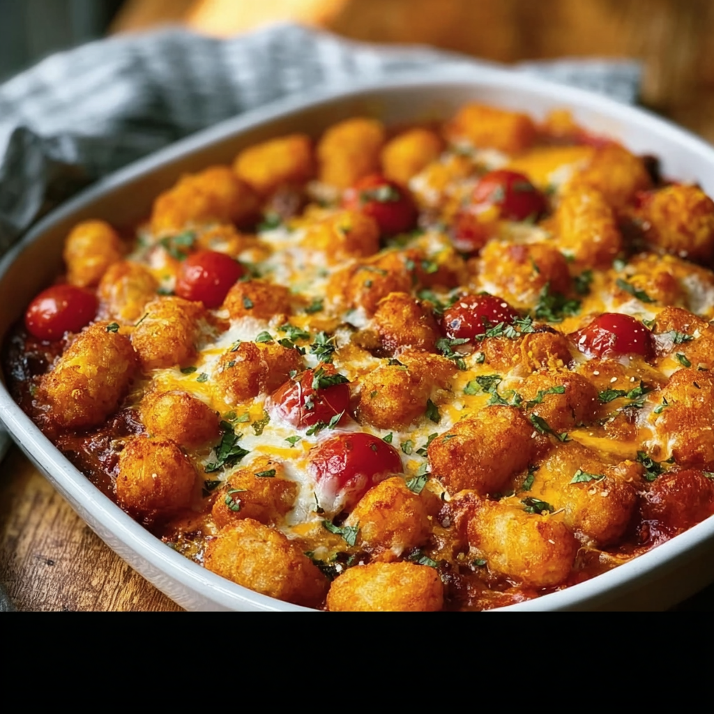  Crispy tot chili casserole served with side dishes like salad and cornbread