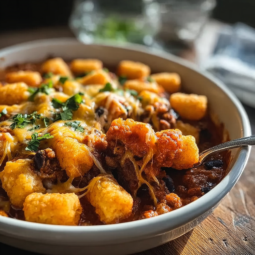 Three versions of crispy tot chili casserole including meatless and spicy cowboy style