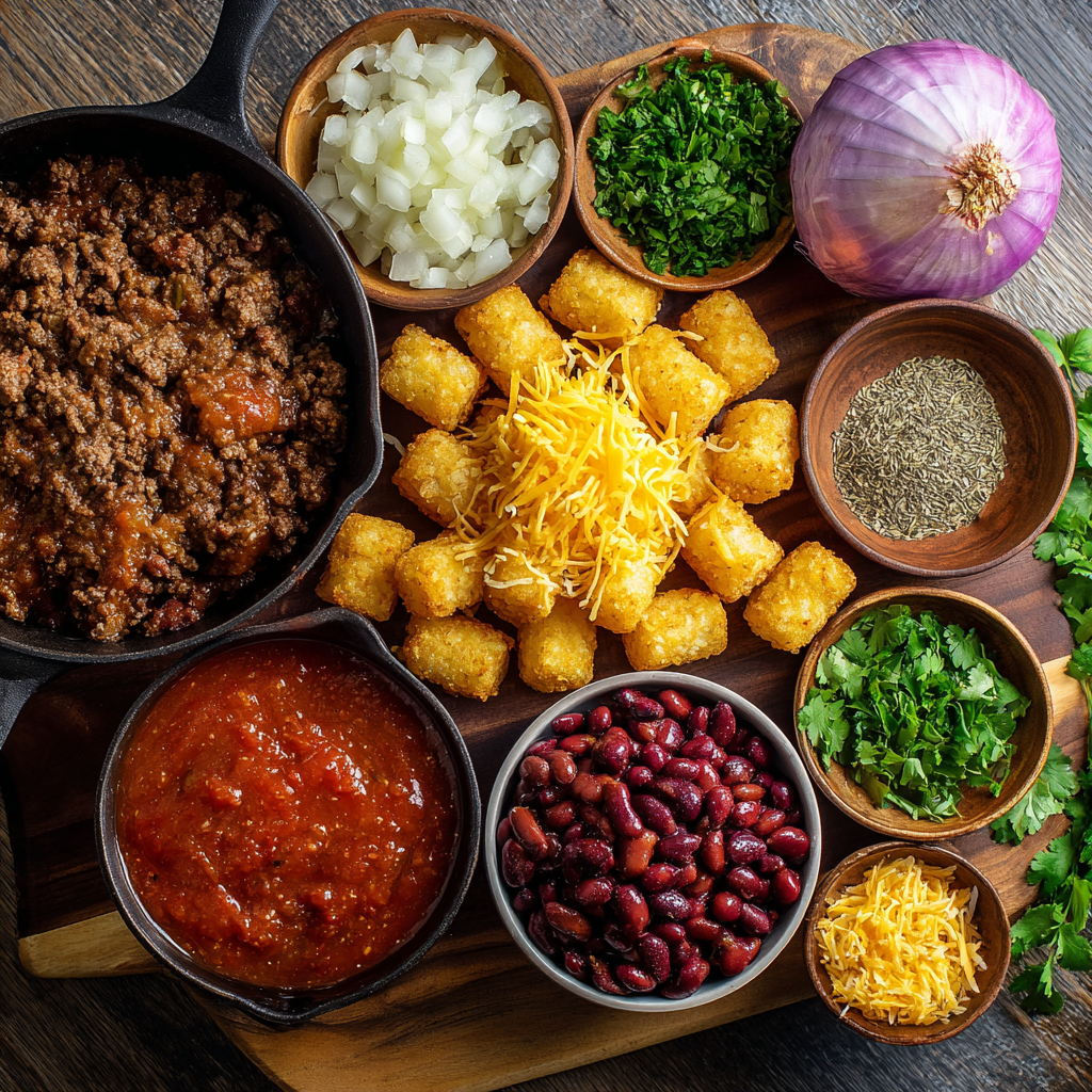 Ingredients for making crispy tot chili casserole