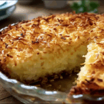 Freshly baked crustless coconut pie in pie dish