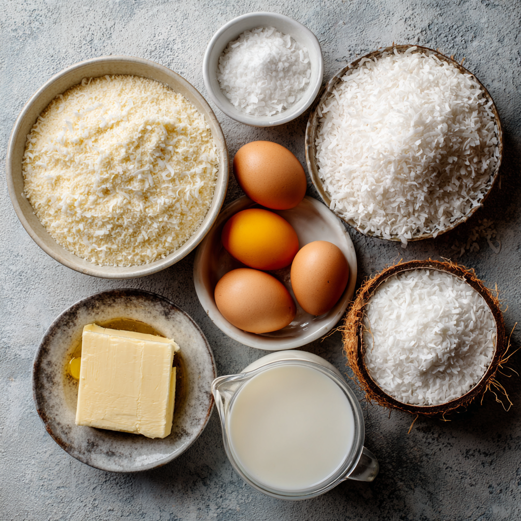 Crustless coconut pie ingredients in mixing bowl