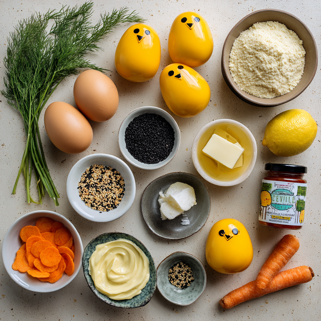 Decorated Deviled Egg Chicks with sesame eyes and dill