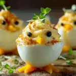 Deviled Egg Chicks with dill and carrot beaks for Easter brunch