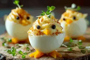 Deviled Egg Chicks with dill and carrot beaks for Easter brunch
