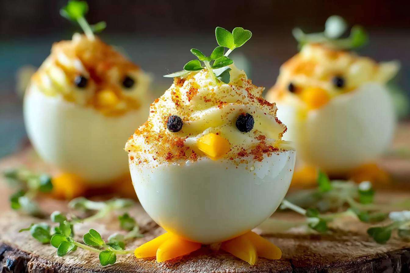 Deviled Egg Chicks with dill and carrot beaks for Easter brunch