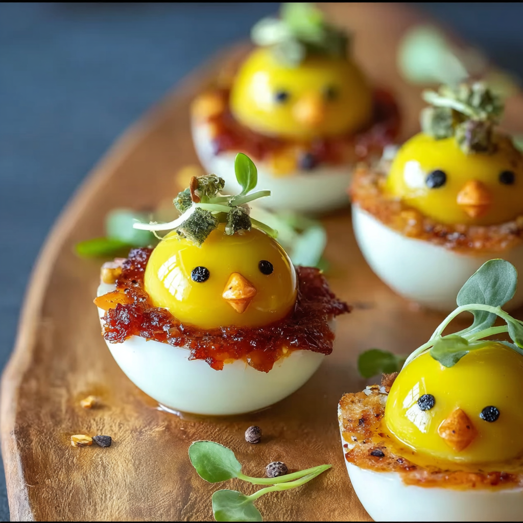 Easter platter with deviled egg chicks in basket