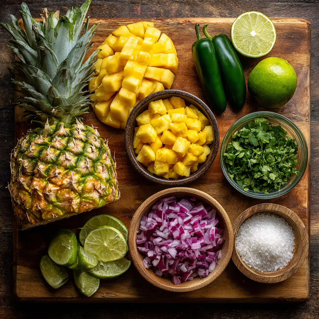 chopped ingredients for pineapple mango salsa