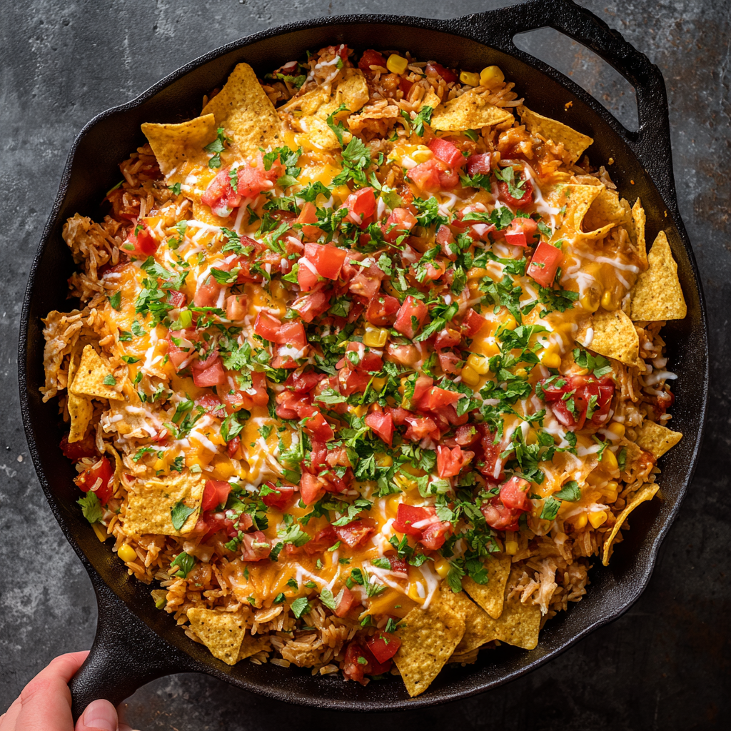 Doritos cheesy chicken casserole with rice and spices