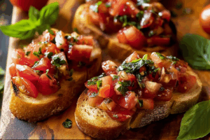 Easy bruschetta recipe with fresh tomato and basil topping