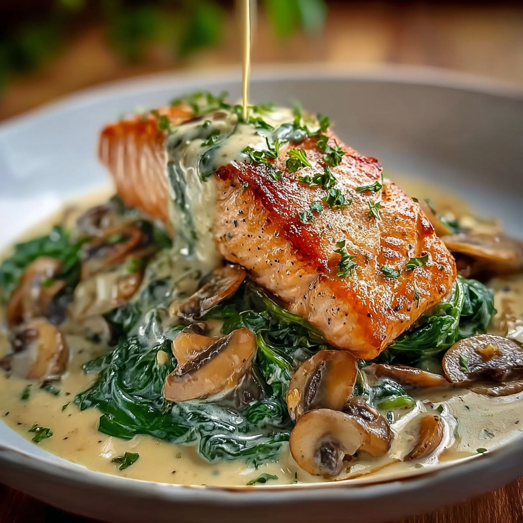 Flipping garlic butter salmon in skillet