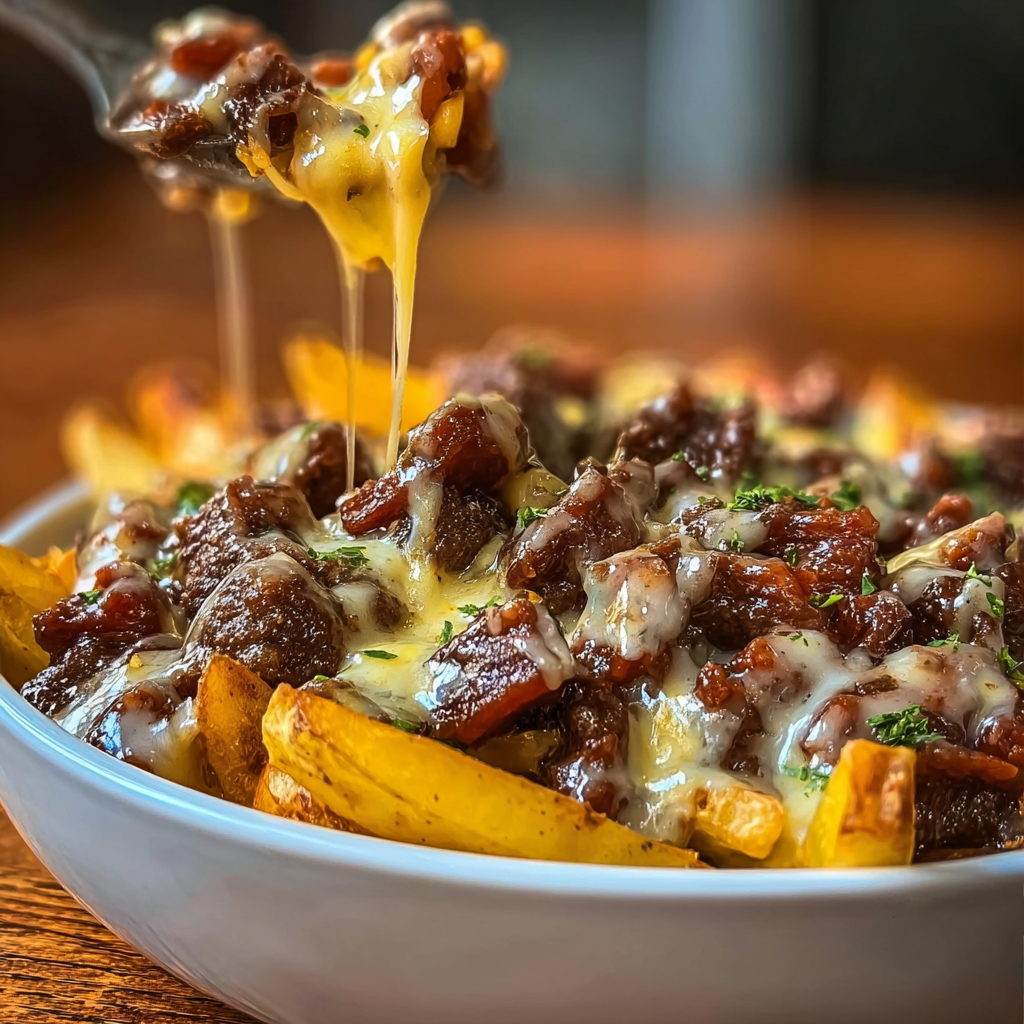 Frozen fries layered on top of cheeseburger French fry casserole