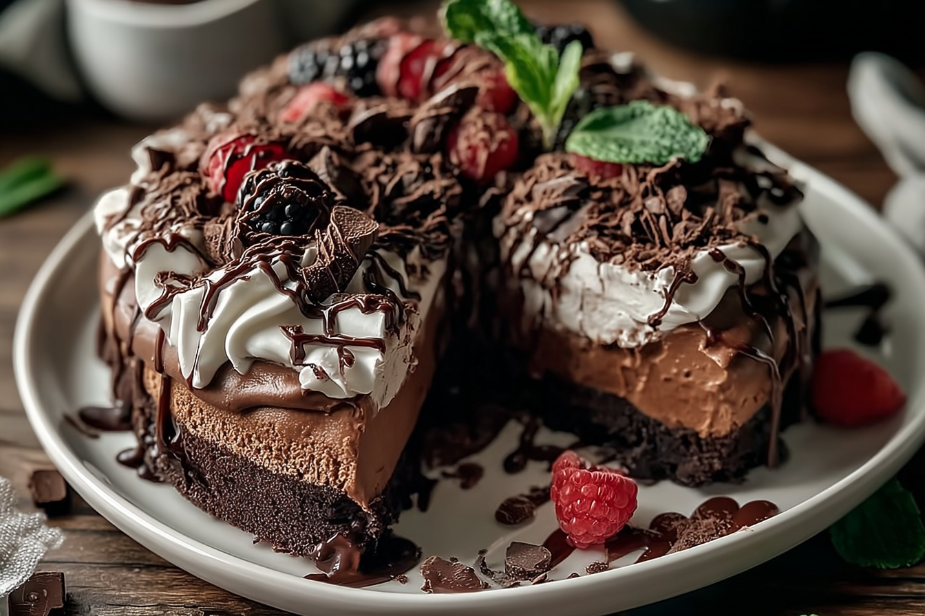 Frozen Mud Pie dessert with layered ice cream and cookie crust