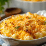 Cheesy baked funeral potatoes fresh from oven