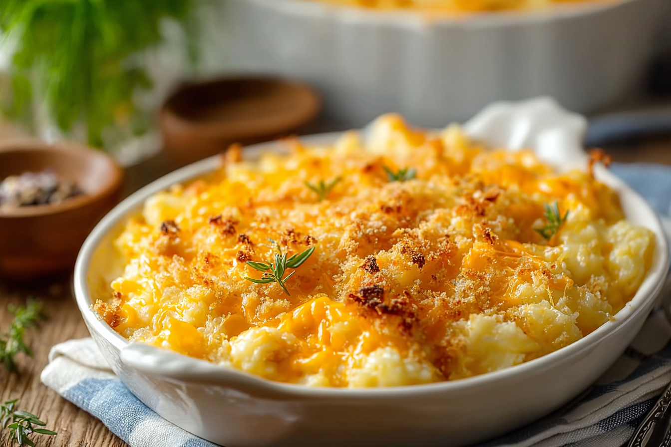 Cheesy baked funeral potatoes fresh from oven