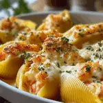 Garlic Butter Lobster Filled Jumbo Pasta Shells in creamy lobster sauce