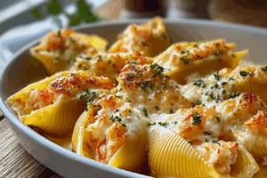 Garlic Butter Lobster Filled Jumbo Pasta Shells in creamy lobster sauce