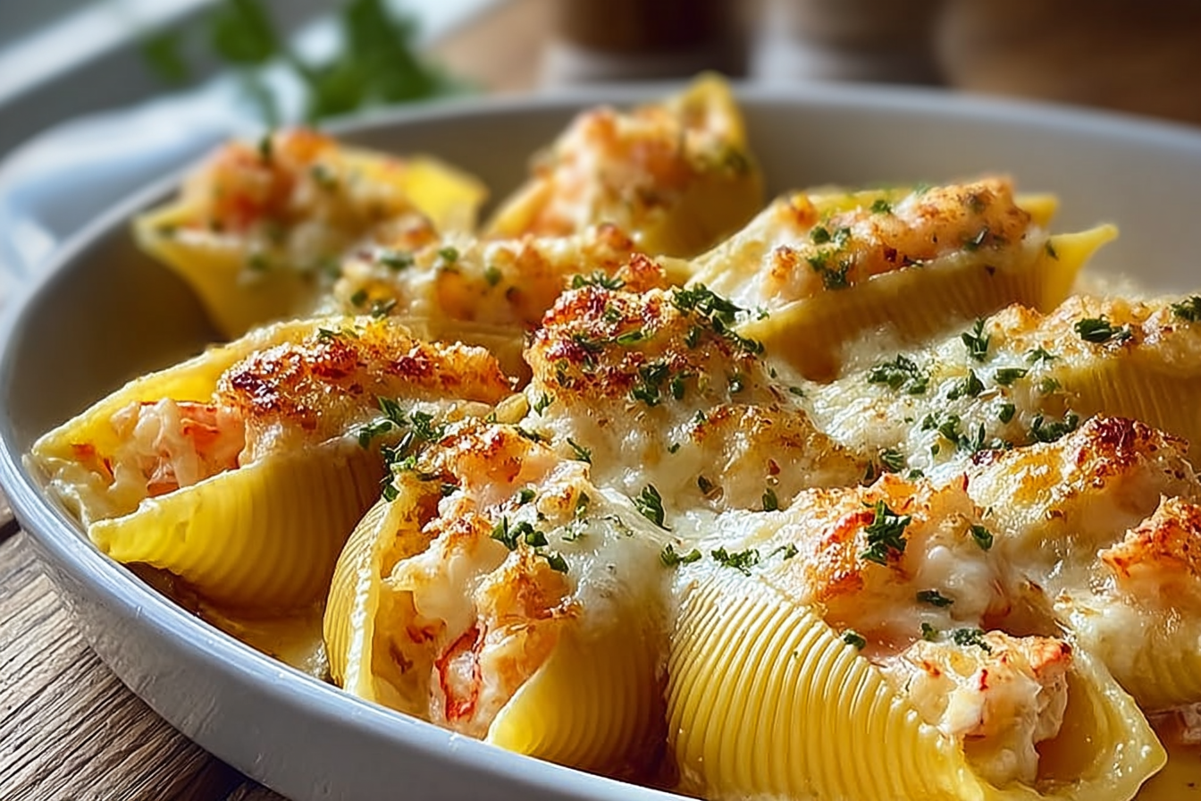 Garlic Butter Lobster Filled Jumbo Pasta Shells in creamy lobster sauce