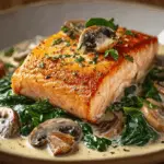 Garlic Butter Salmon with Spinach and Mushrooms in Creamy Sauce