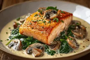 Garlic Butter Salmon with Spinach and Mushrooms in Creamy Sauce