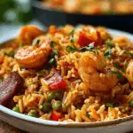 Garlic butter shrimp and rice served hot in a white bowl