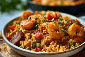 Garlic butter shrimp and rice served hot in a white bowl