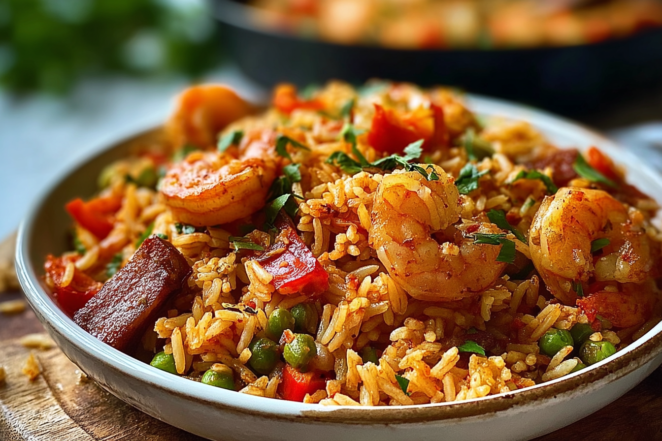 Garlic butter shrimp and rice served hot in a white bowl