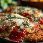 Golden Breaded Chicken Parmesan plated with cheese and sauce