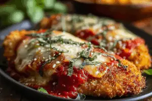 Golden Breaded Chicken Parmesan plated with cheese and sauce