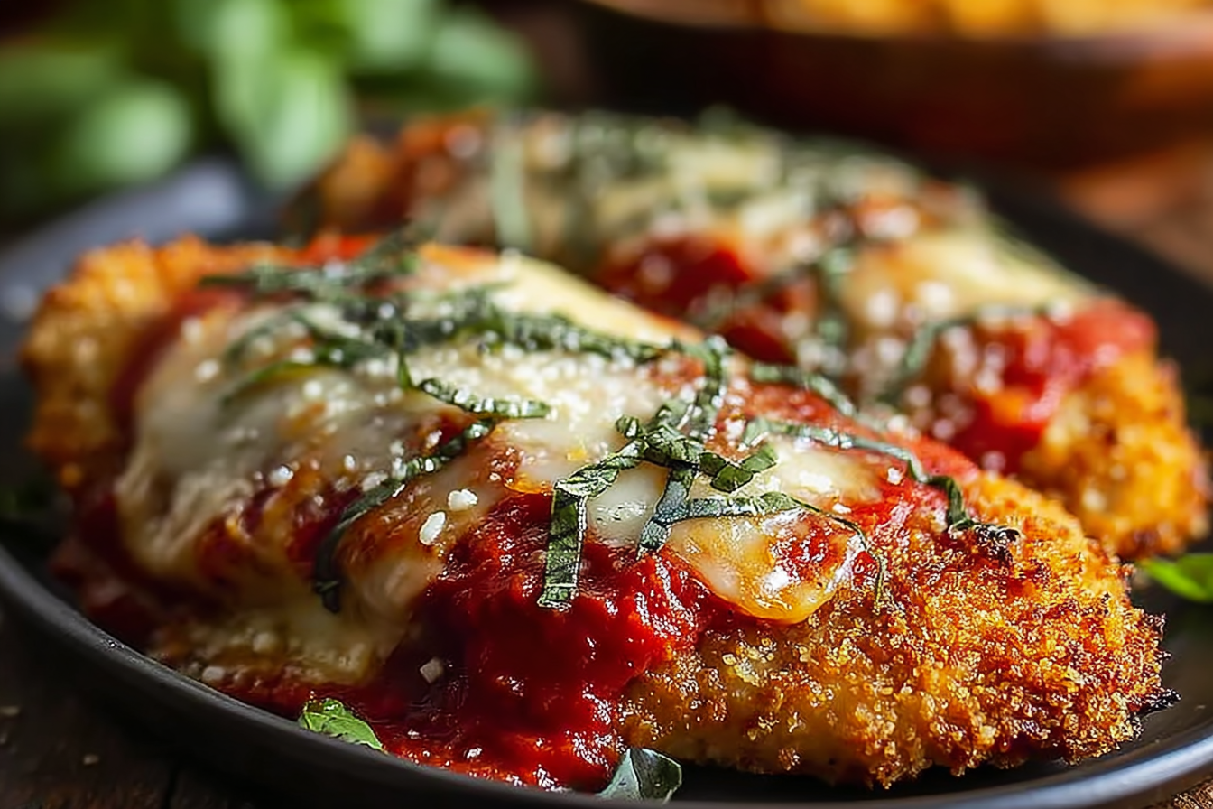 Golden Breaded Chicken Parmesan plated with cheese and sauce