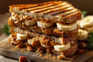 Grilled Peanut Butter Banana Sandwich on wooden board