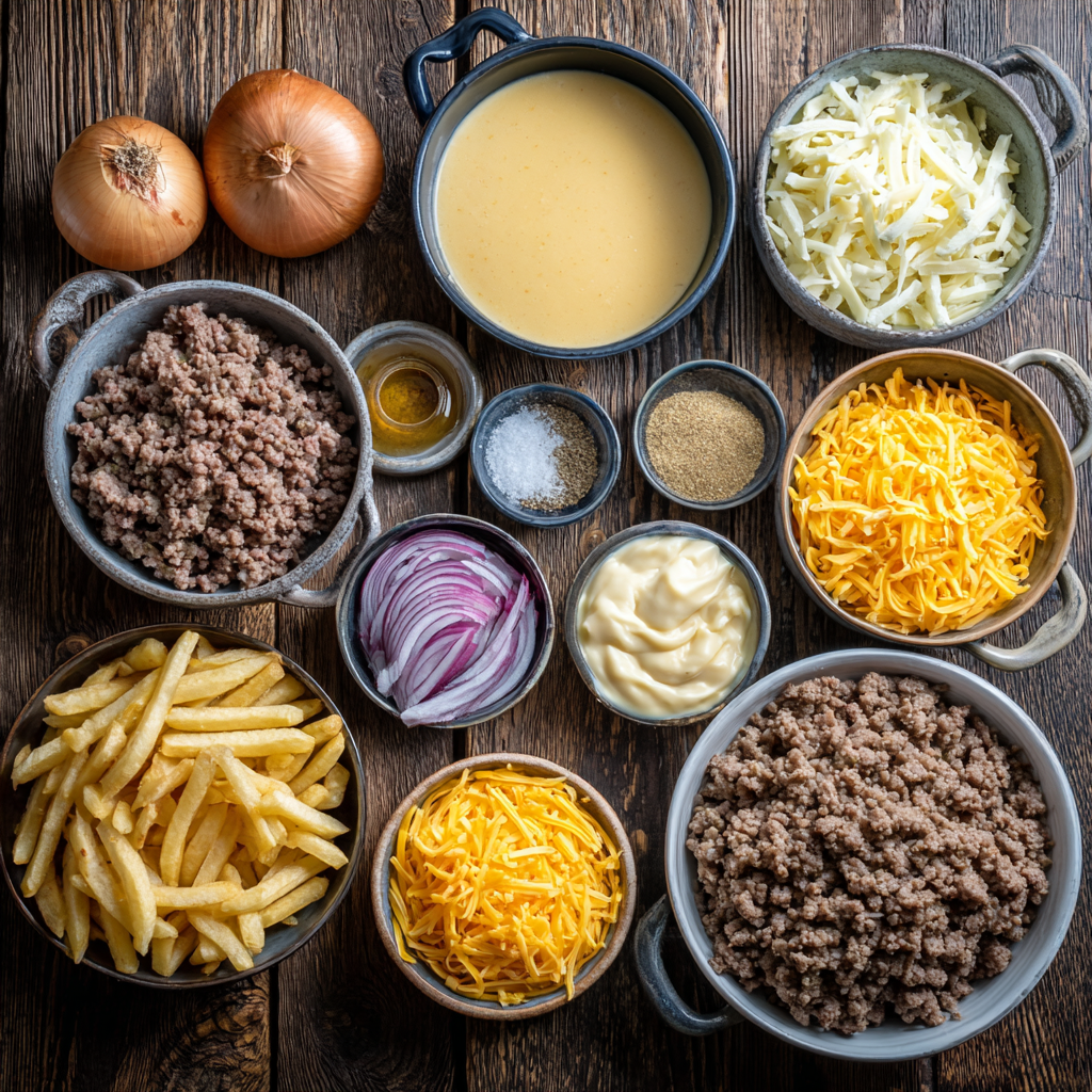 Ground beef and onion being sautéed for cheeseburger French fry casserole