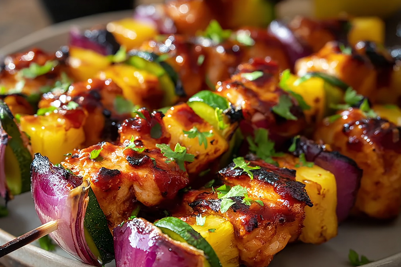 Hawaiian chicken pineapple skewers grilled to perfection