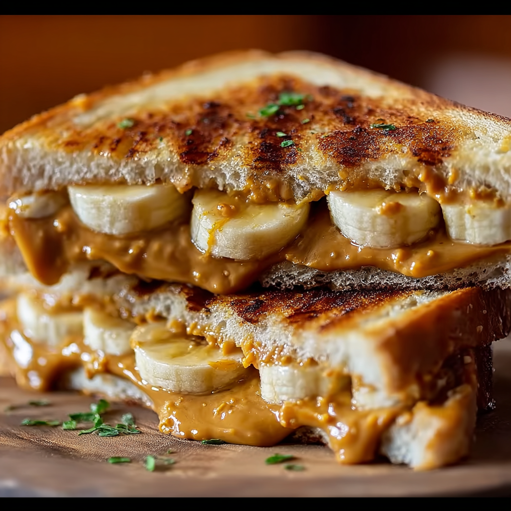Healthy grilled peanut butter banana sandwich with fruit