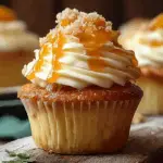 Honey Peach Cream Cheese Cupcakes on rustic table