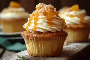 Honey Peach Cream Cheese Cupcakes on rustic table