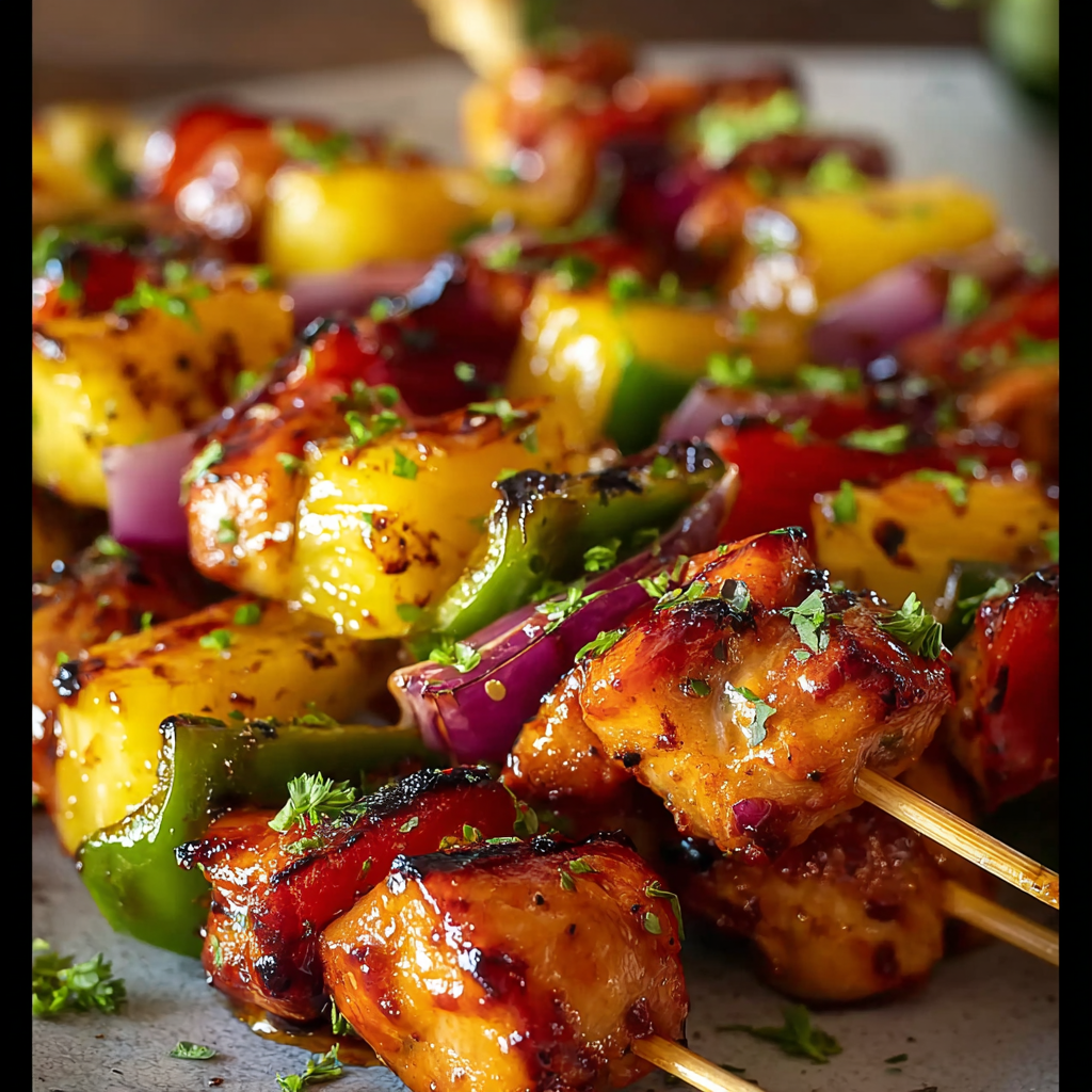 Honey pineapple chicken kabobs served with rice