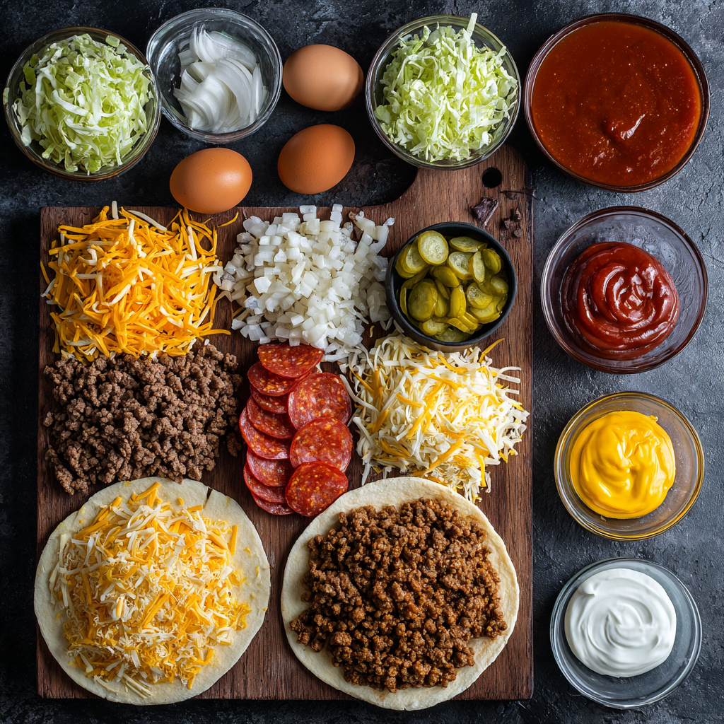 Ingredients for Ultimate Double Cheeseburger Pizza Stack