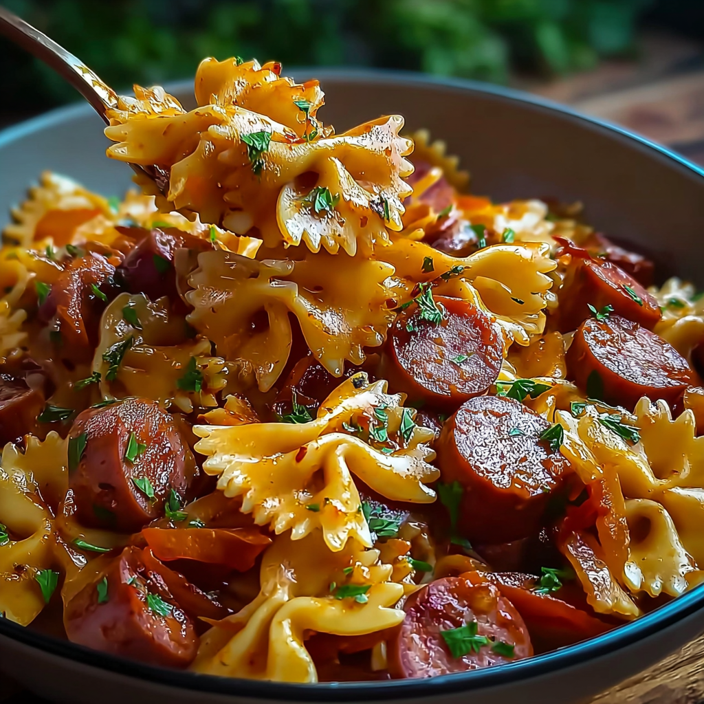 cheesy kielbasa pasta bake with golden crust