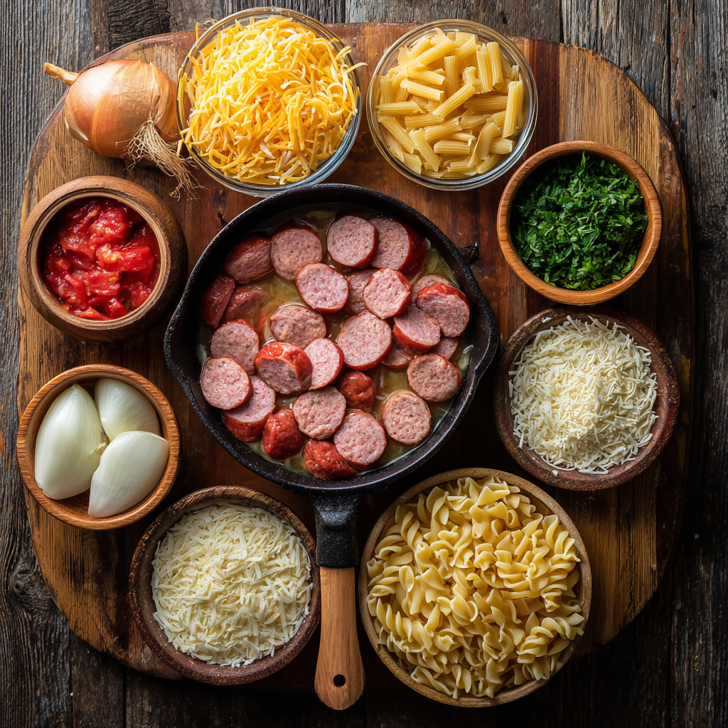 kielbasa pasta ingredients on wooden table