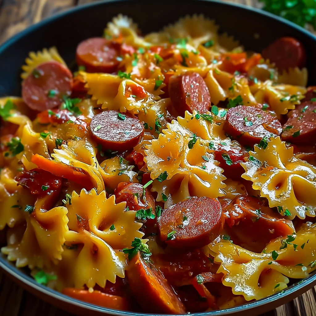 meal prep containers with leftover kielbasa pasta