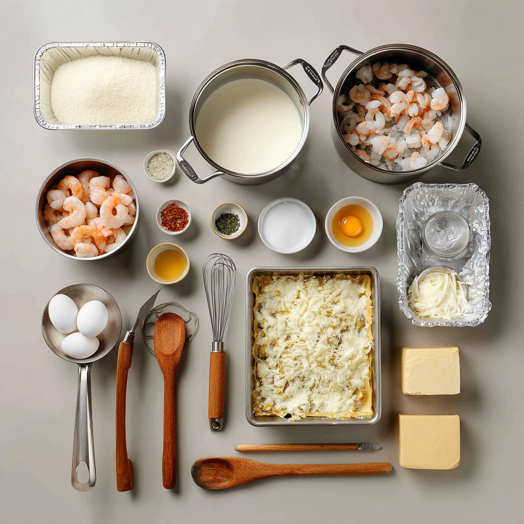 Layering seafood lasagna with shrimp and crab