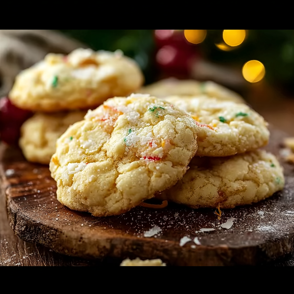 lemon coconut cheesecake cookies in gift tin with tea