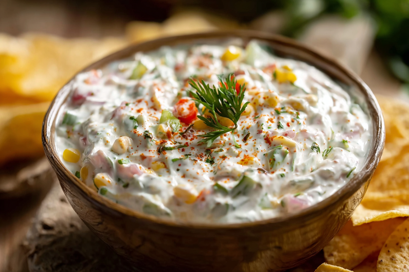 Loaded Creamy Ranch Dip in a glass bowl with chips