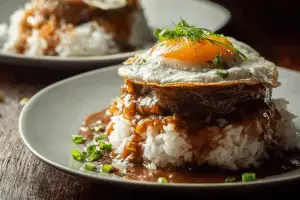 Loco Moco (Hawaiian Lunch) served with gravy and egg