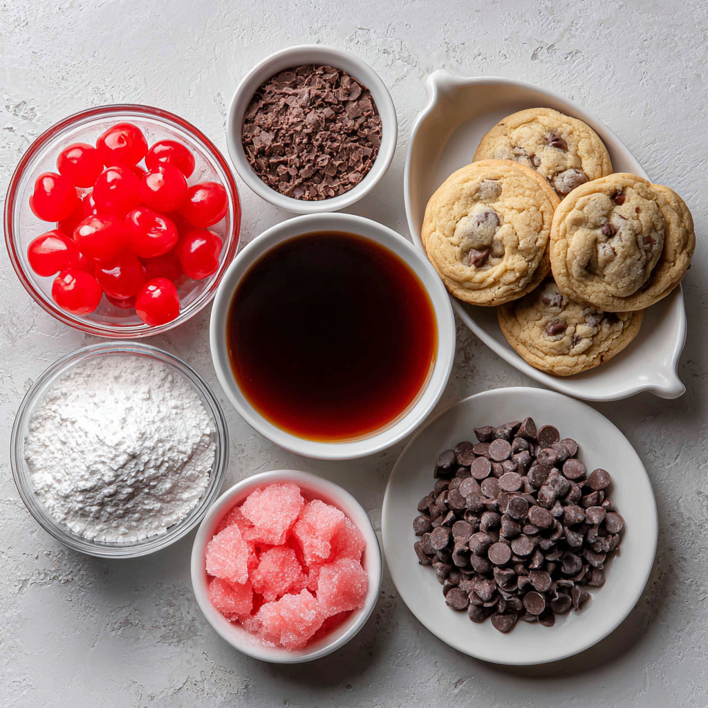 Ingredients for maraschino cherry chocolate chip cookies