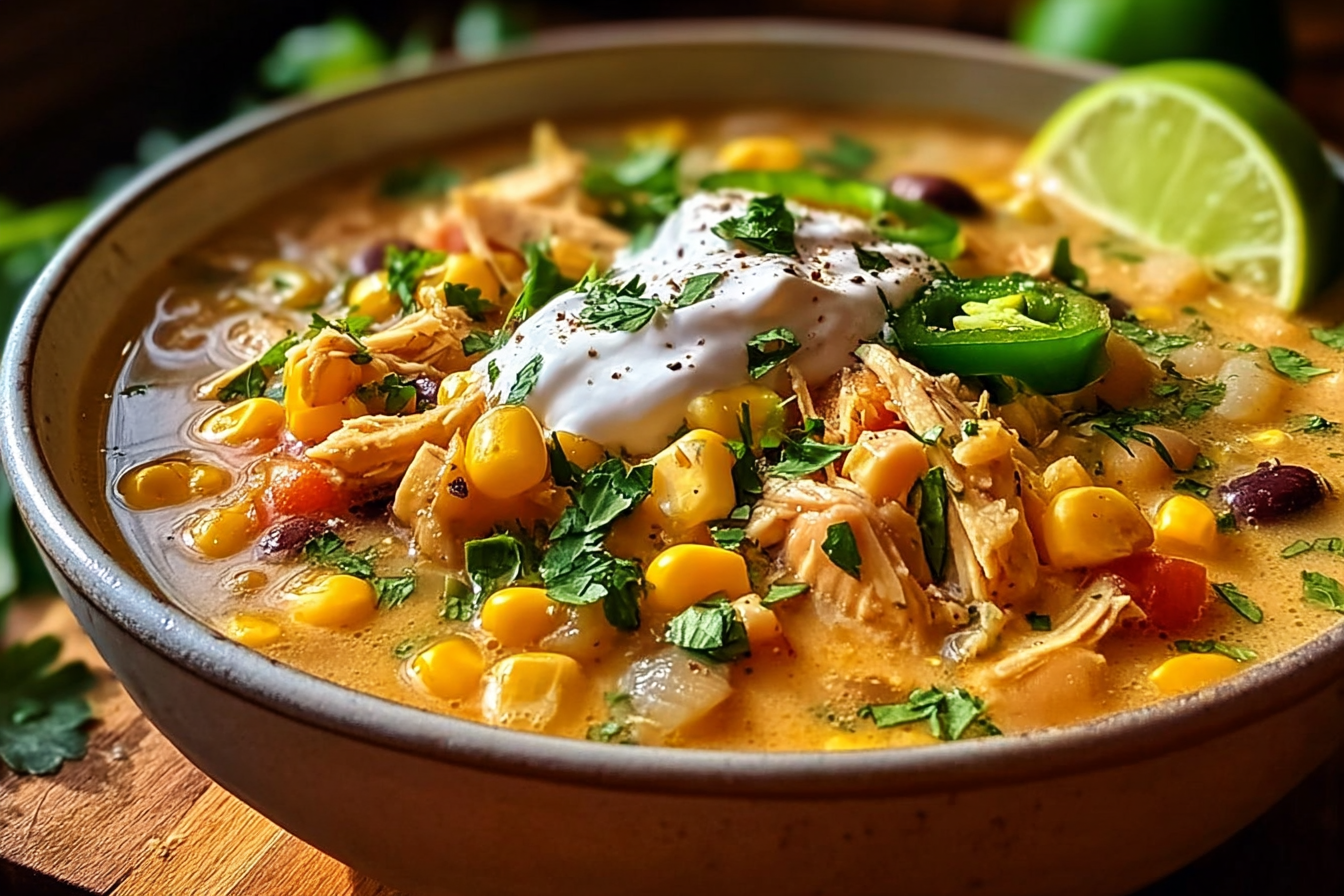 Mexican Street Corn White Chicken Chili with toppings