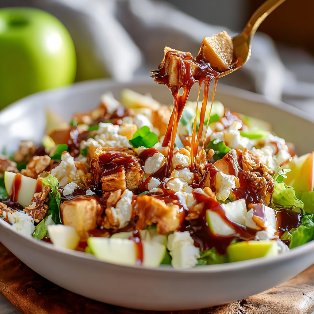 Preparing Snickers Salad by folding ingredients in a glass bowl
