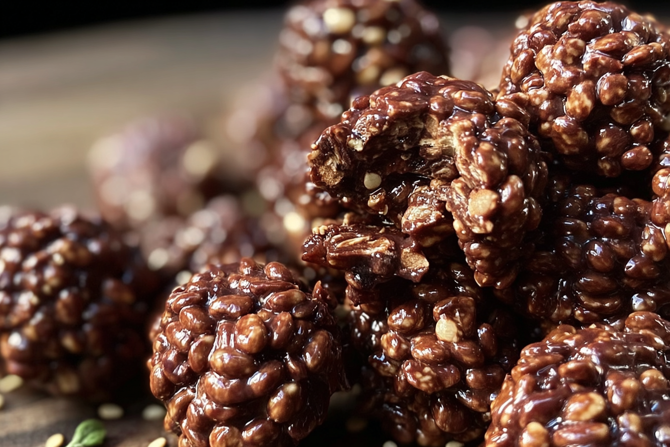 No bake chocolate quinoa crunch clusters stacked in a bowl
