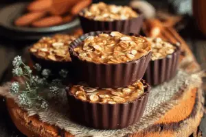 No-Bake Peanut Butter Oat Cups topped with chocolate